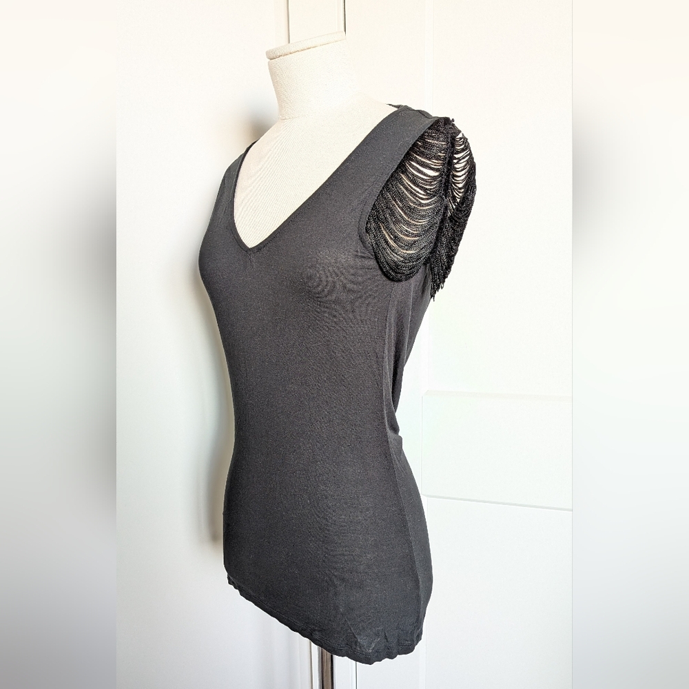 Jessica Simpson Black V-Neck Fringe Shoulder Draped Top Small